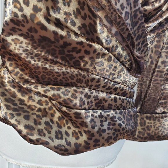 Vintage 90s Leopard Print Satin Faux Wrap Blouse Long Sleeve Leopard Print Sz M - Picture 4 of 12